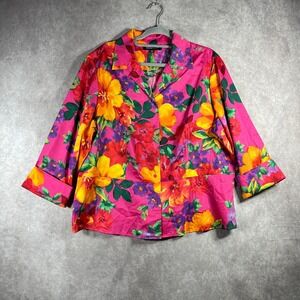 Jones New‎ York Blouse Womens Size 2X Pink Floral Button Up Peplum Hem Artsy